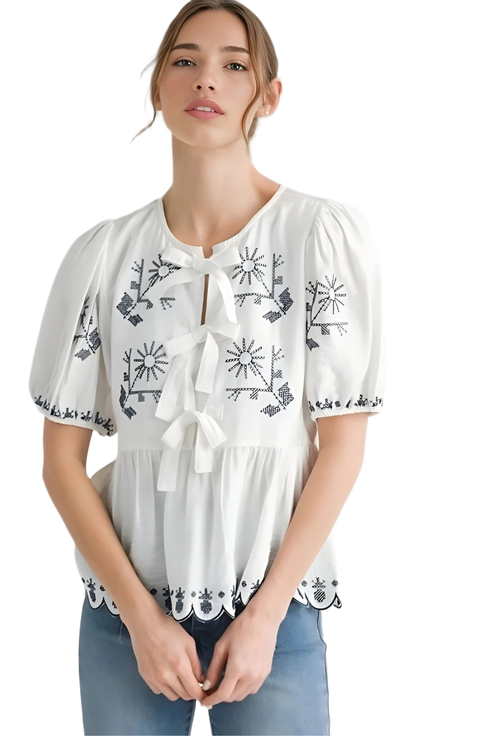 Embroidered Puff Sleeve Bow Blouse