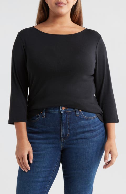 Boat Neck Long Sleeve Tee (Plus Size)