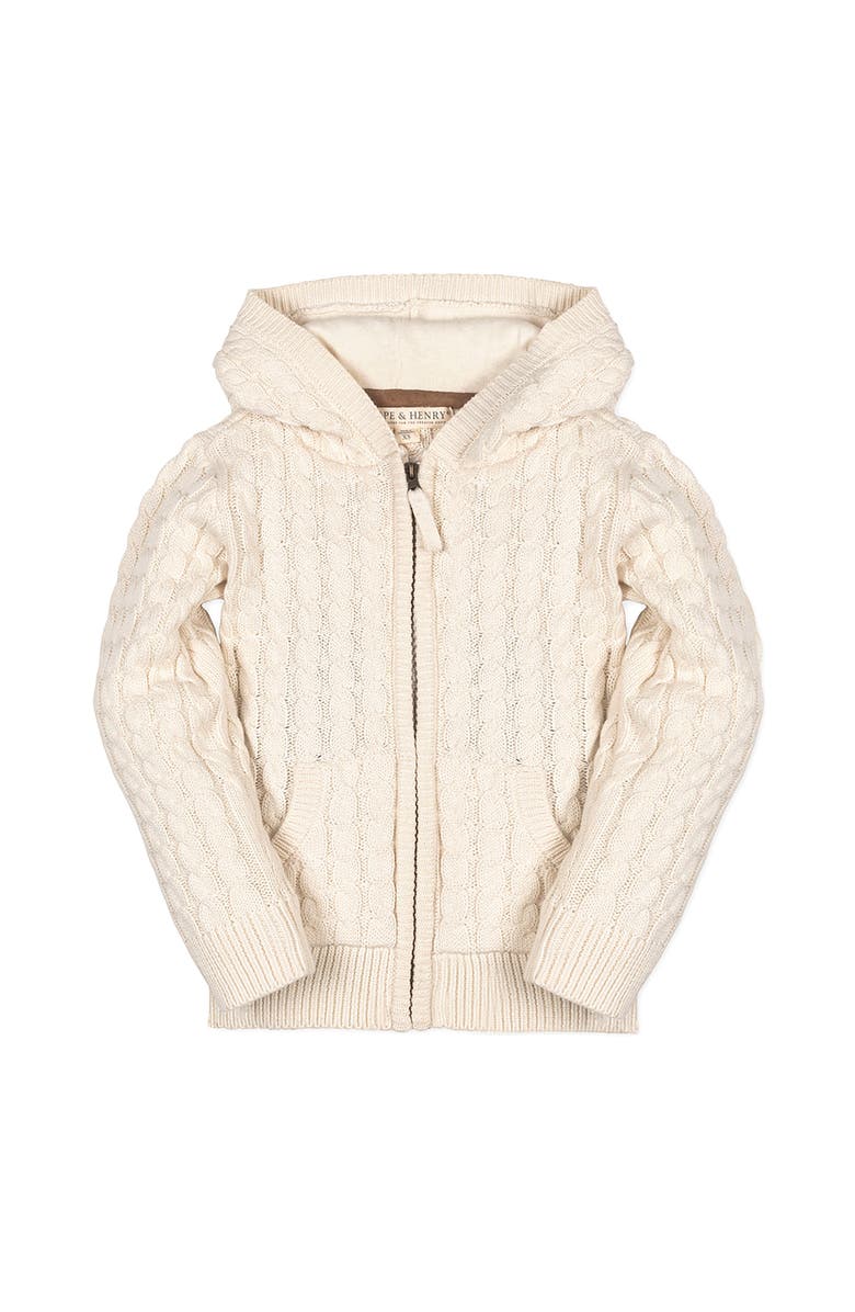 Hope & Henry Kids' Organic Long Sleeve Full Zip Hooded Sweater with Elbow Patches, Main, color, Ivory Cable