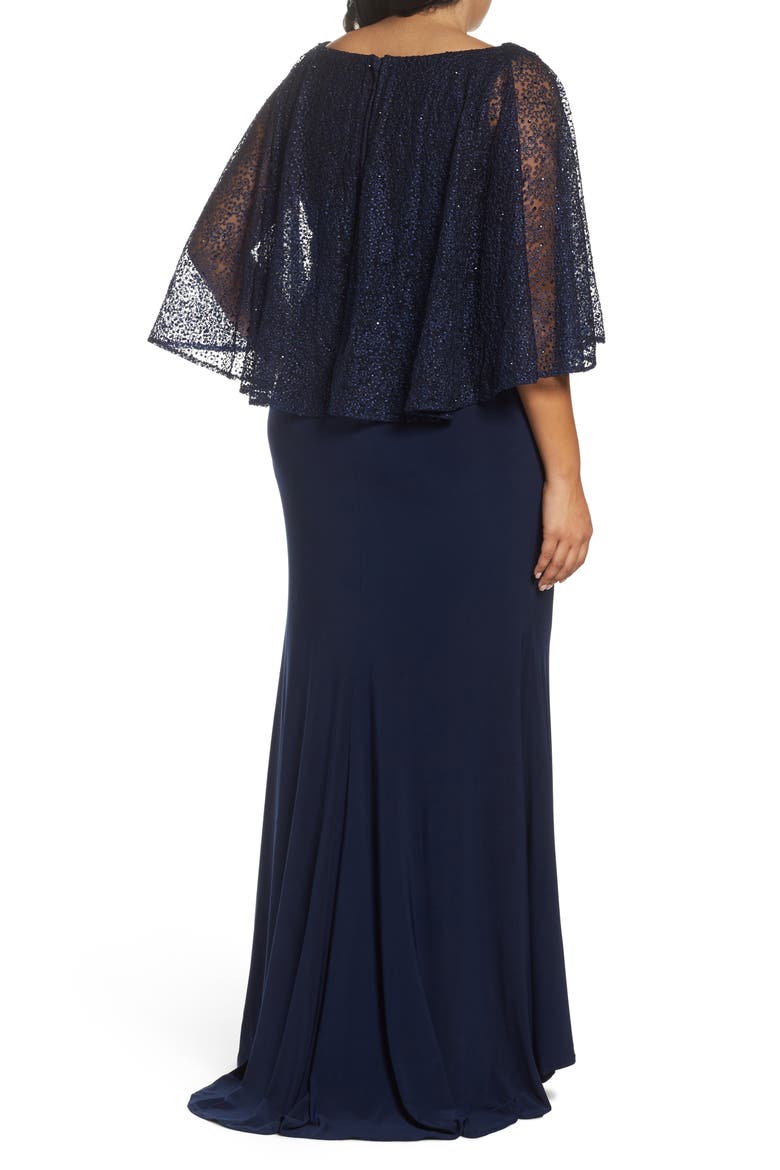 Beaded Lace Capelet Column Gown, Alternate, color, MIDNIGHT