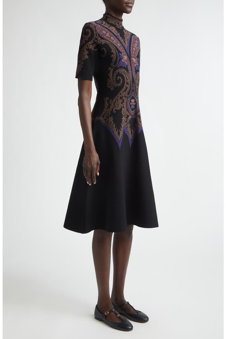 Mock Neck Jacquard Fit & Flare Sweater Dress, Alternate, color, DARK BLUE