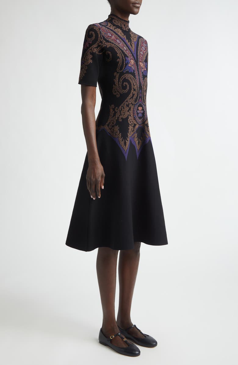 Etro Mock Neck Jacquard Fit & Flare Sweater Dress, Alternate, color, Dark Blue