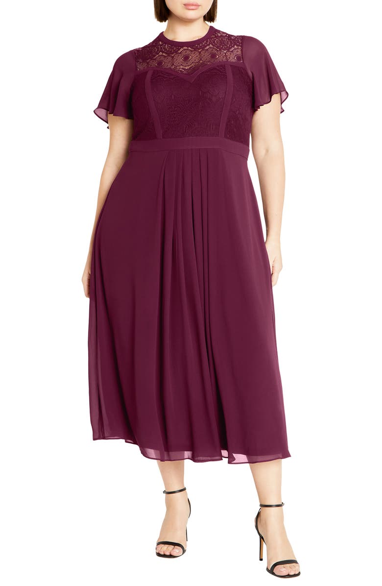 City Chic Niki Embroidered Lace Fit & Flare Dress, Main, color, Plum