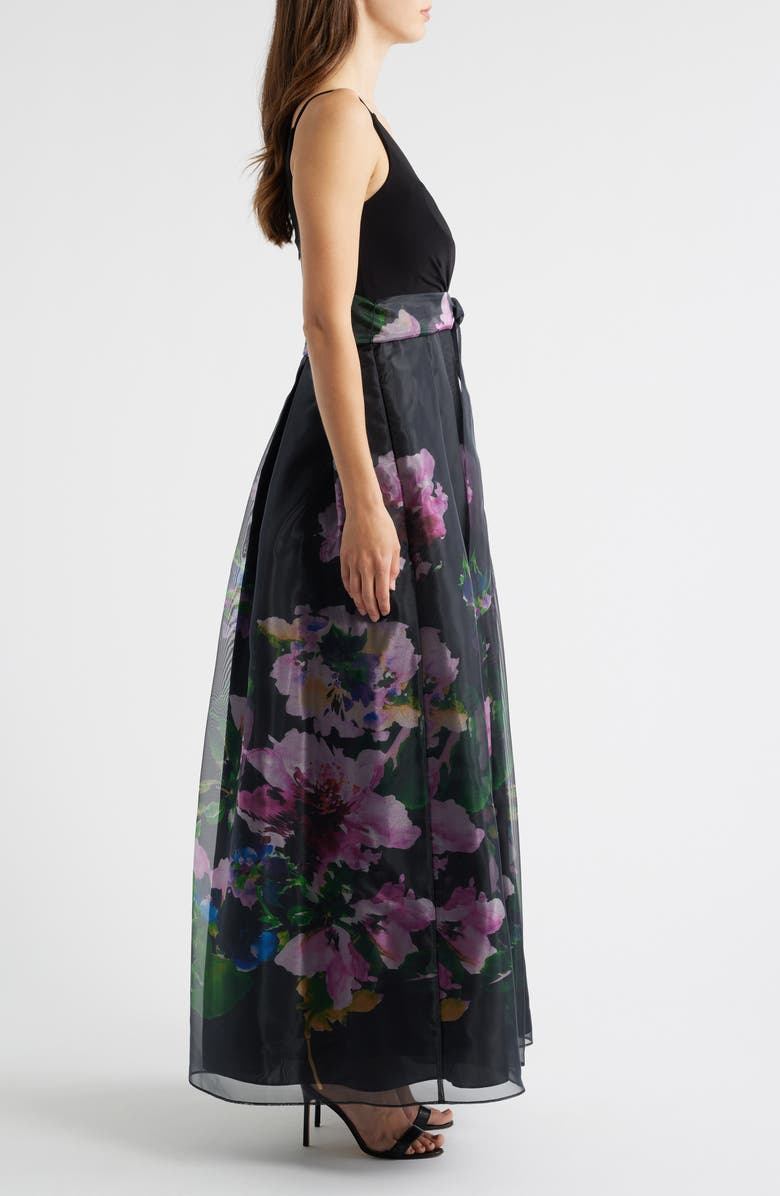 Eliza J Placed Floral Mixed Media Gown, Alternate, color, Black Multi
