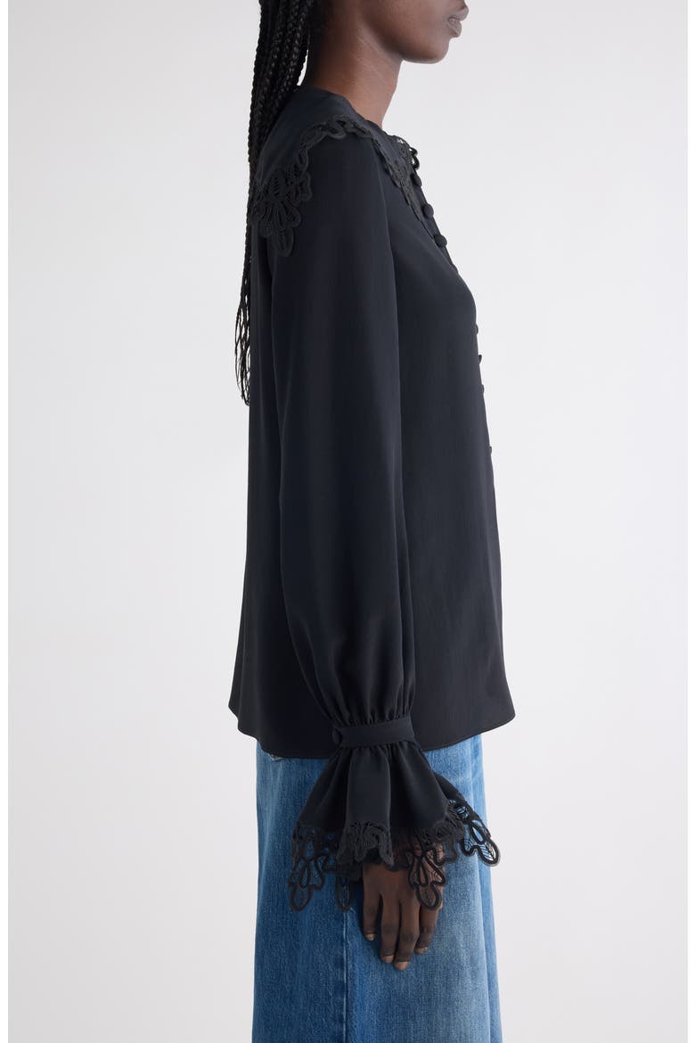 Guipure Lace Organic Silk Button-Up Top, Alternate, color, BLACK