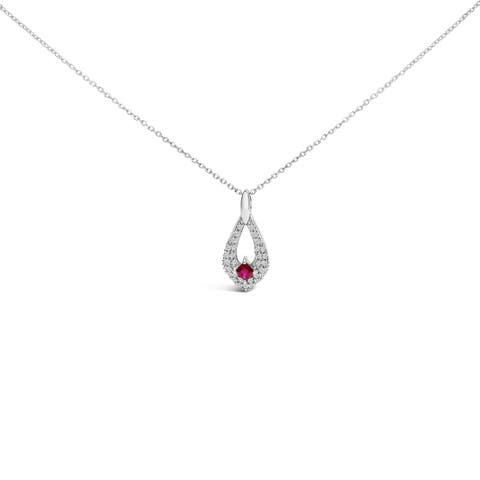 Silver Created Red Ruby and White Sapphire Pear Shaped Pendant Necklace