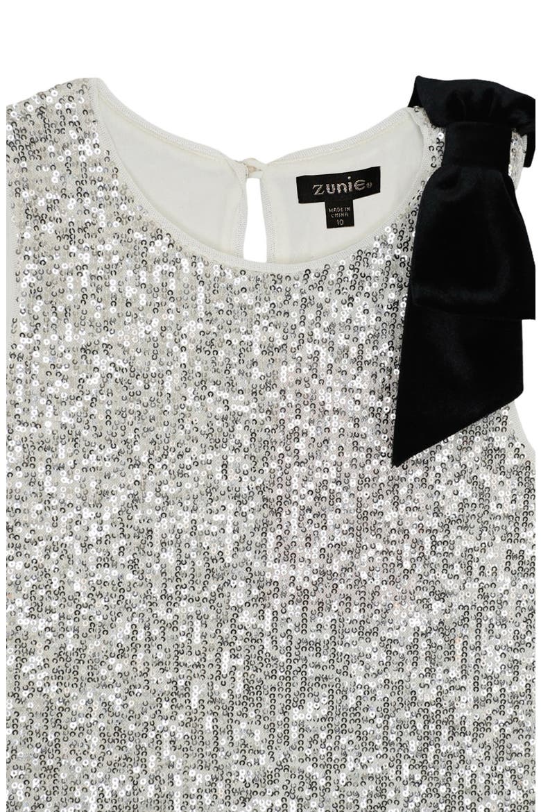 Kid's Bow Shoulder Sequin Trapeze Dress, Alternate, color, SILVR/IVRY