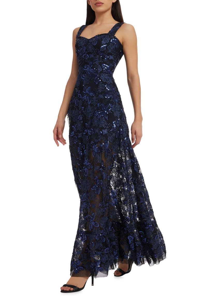 Anabel Floral Sequin Fit & Flare Gown, Alternate, color, NAVY