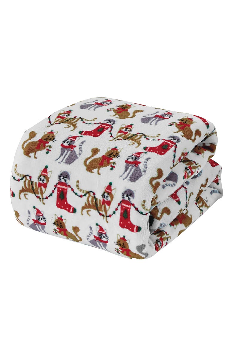 Luxury Home White Christmas Cat Plush Fleece Throw Blanket, Main, color, Multi Color