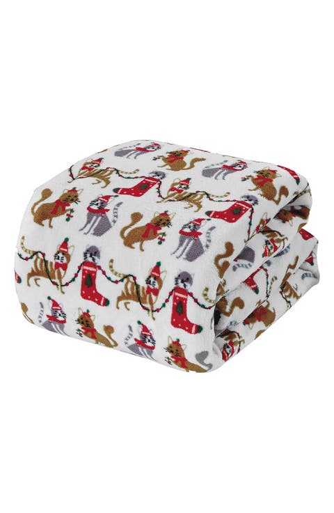 White Christmas Cat Plush Fleece Throw Blanket