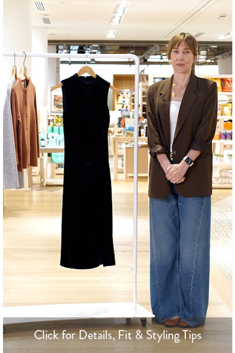 High Cowl Neck Ruched Velvet Sheath Midi Dress video