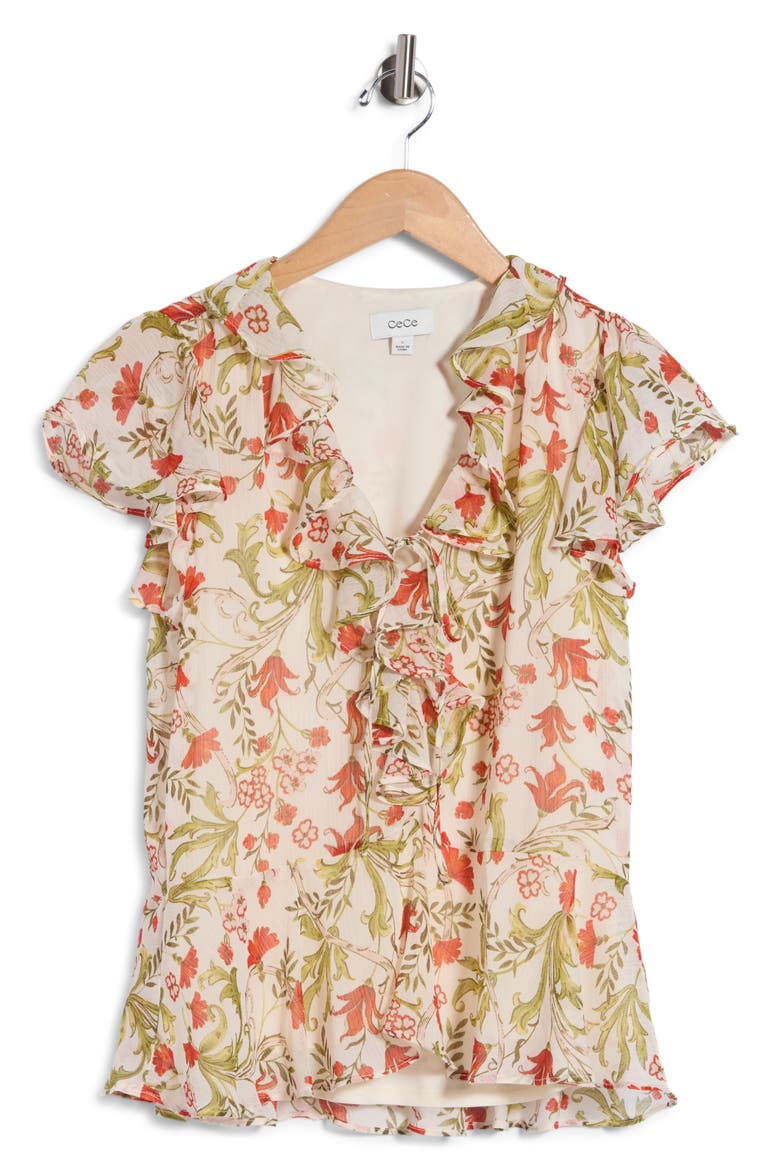Floral Ruffle Tie Neck Top, Alternate, color, CREAM MULTI