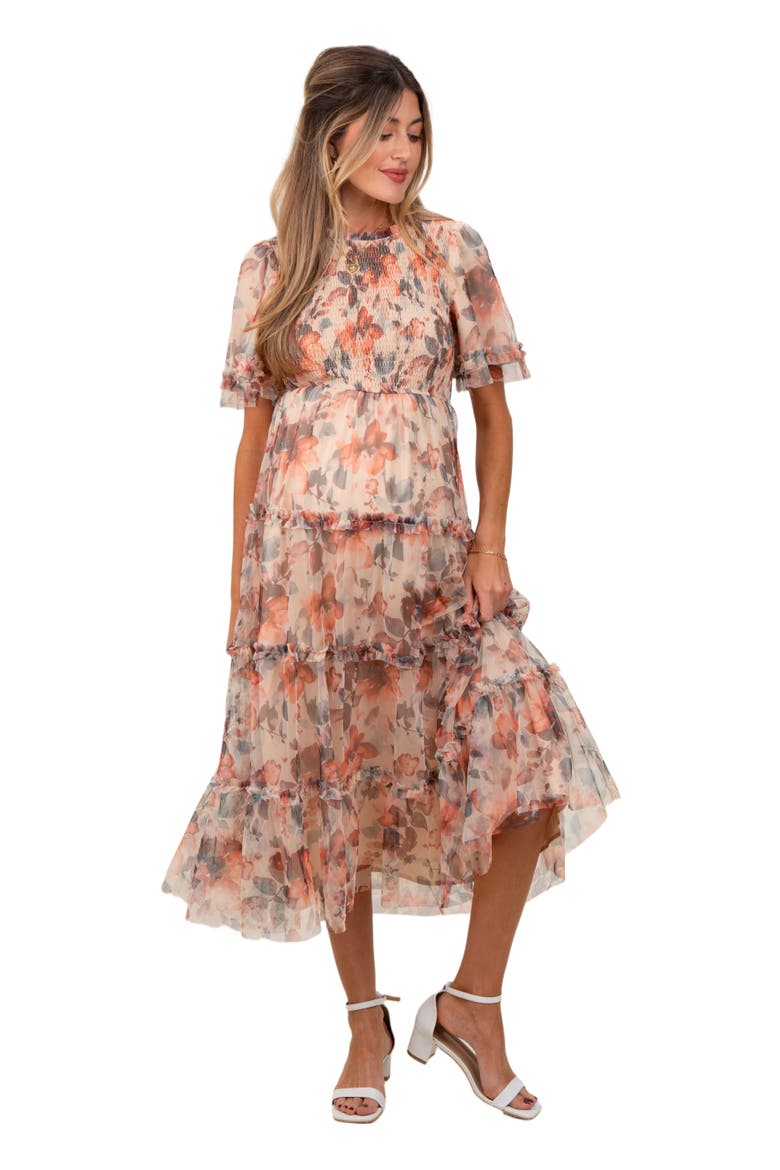 Floral Mesh Smocked Midi Dress, Alternate, color, Peach