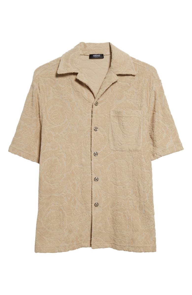 Versace Barocco Towel Cotton Terry Camp Shirt, Alternate, color, Light Sand