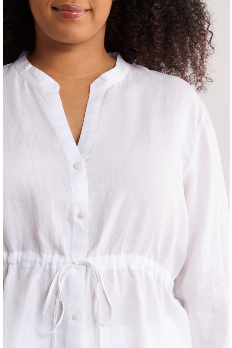 Split Neck Organic Linen Long Drawstring Shirt, Alternate, color, WHITE