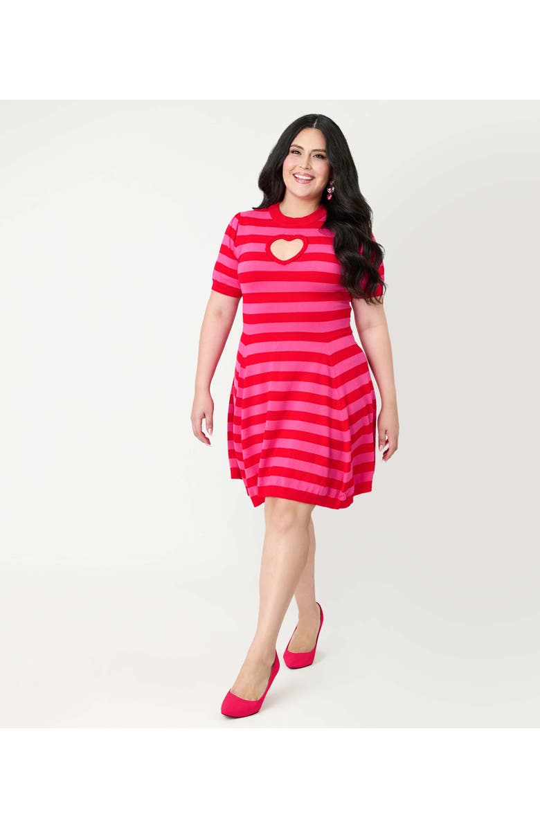 Smak Parlour Plus Size Heart Cutout Flare Dress, Main, color, Pink & Red Stripe