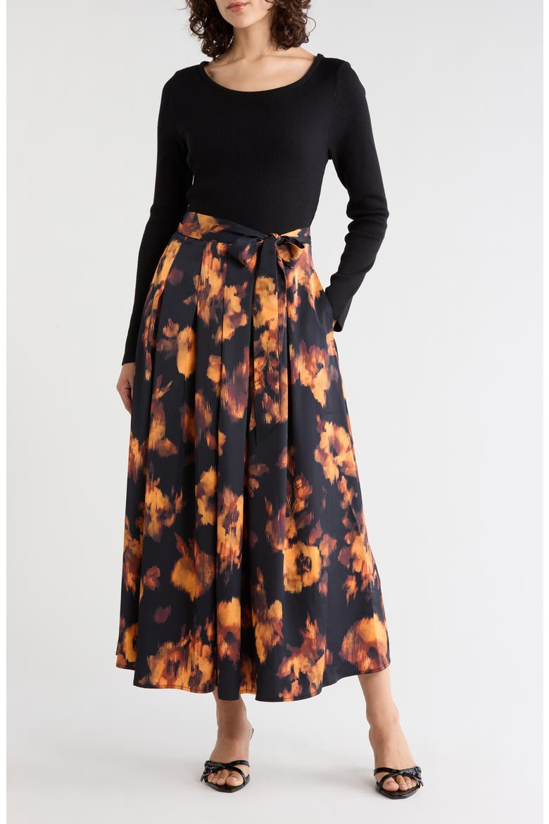 Layered Look Tie Waist Long Sleeve Maxi Dress, Main, color, BLACK