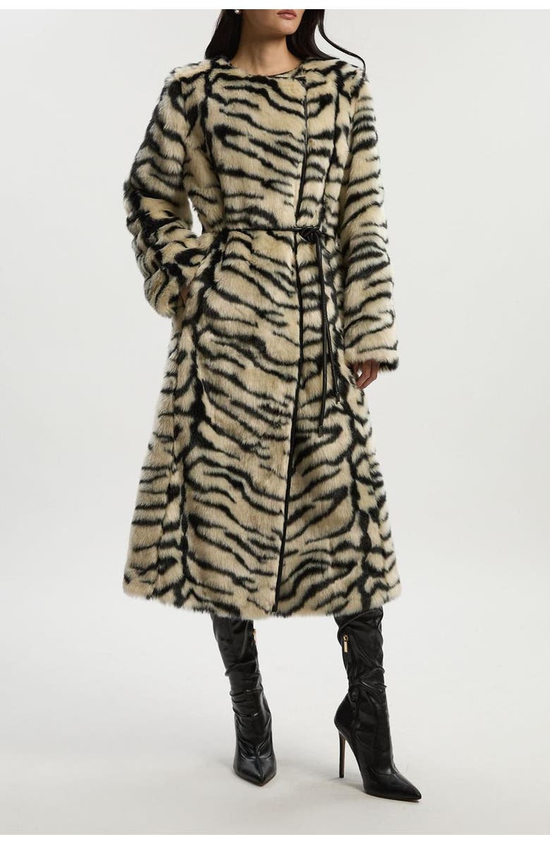 Karen Millen Faux Fur Collarless Tie Belted Midi Coat, Alternate, color, Mono