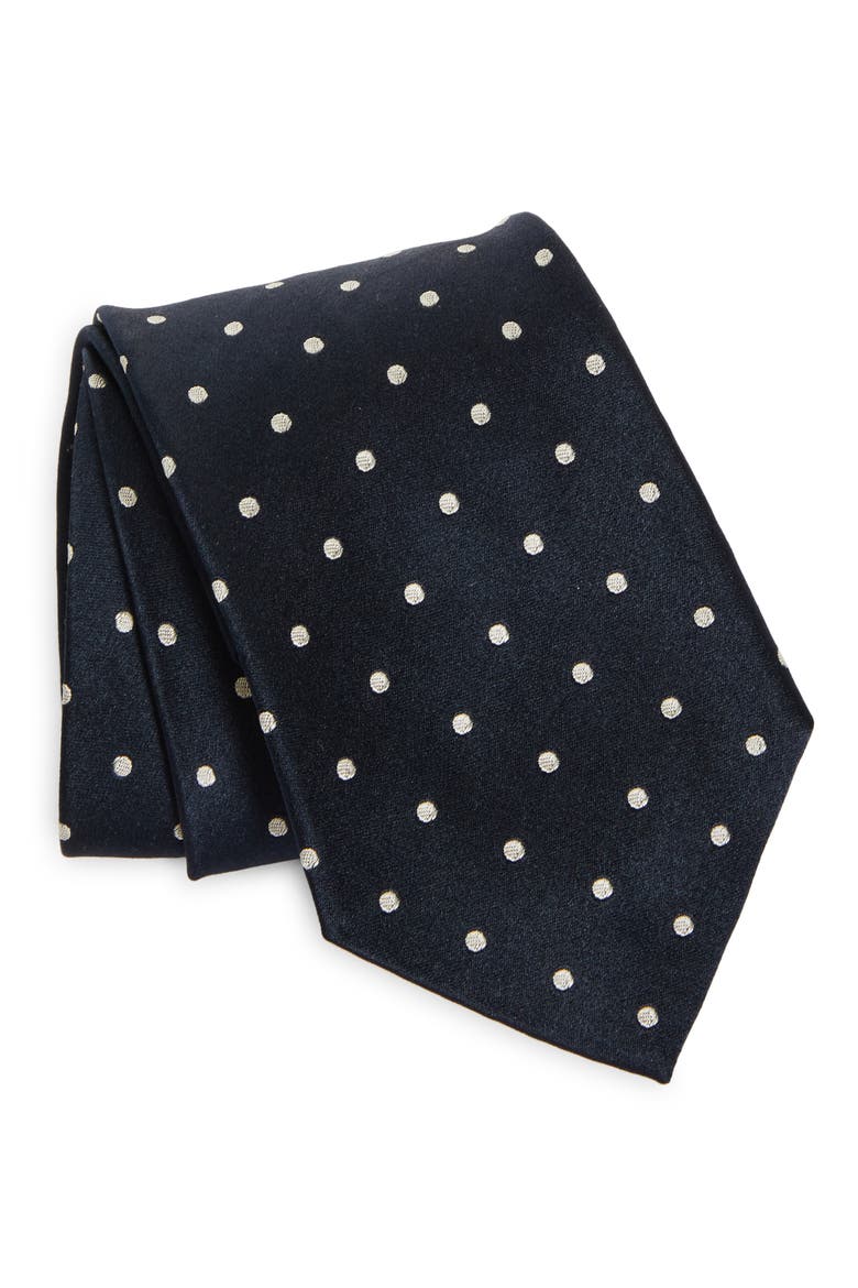 Polka Dot Silk Satin Tie, Main, color, DARK NAVY