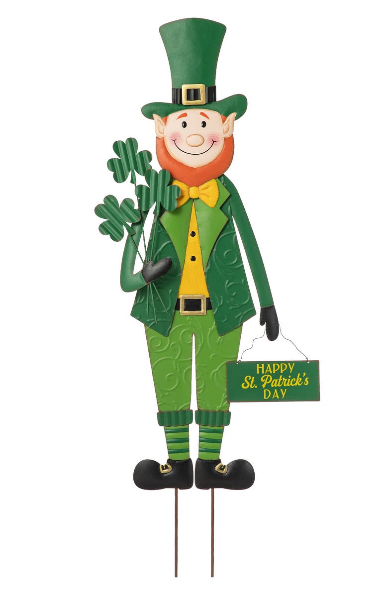 Glitzhome St. Patrick
s Metal Leprechaun Yard Stake Standing Decor or Wall Sign, Main, color, Green