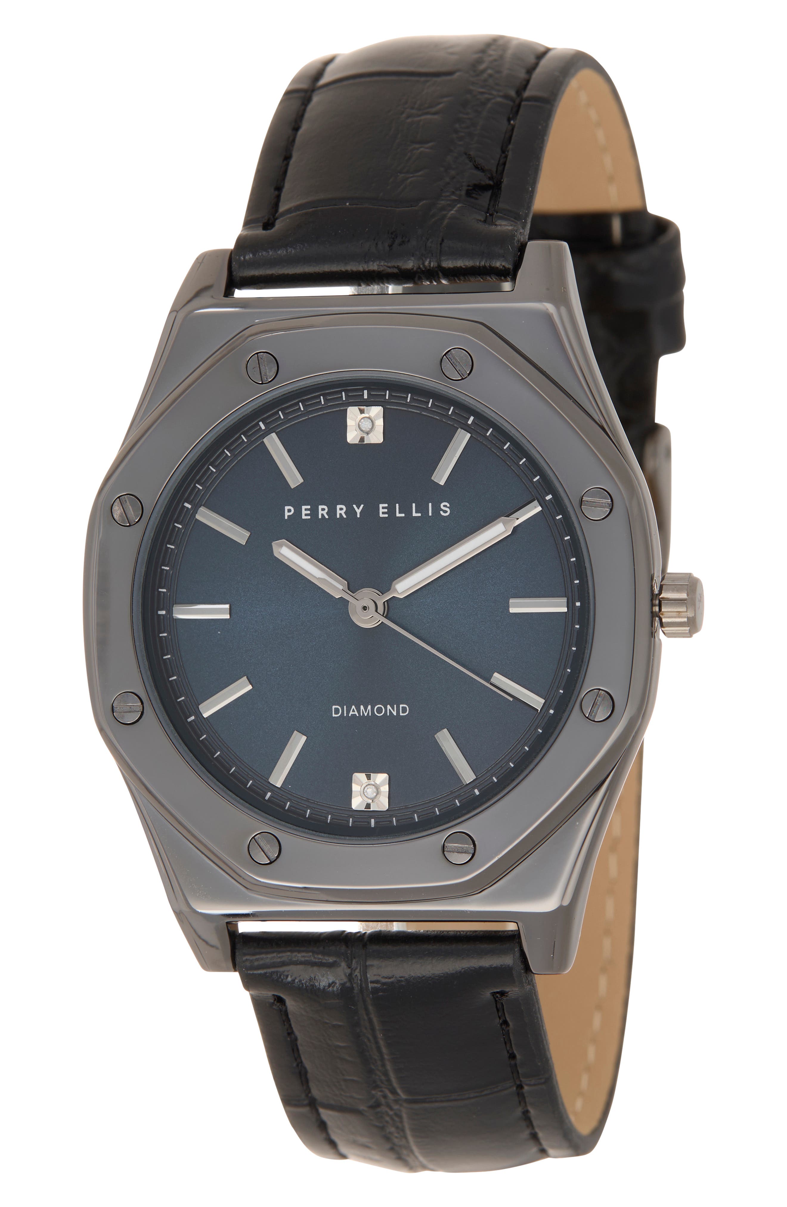 Perry Ellis Diamond Ultraslim Faux Leather Strap Watch, 40mm