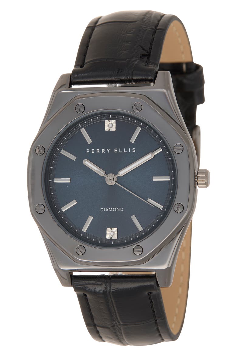 Diamond Ultraslim Faux Leather Strap Watch, 40mm, Main, color, GUNMETAL