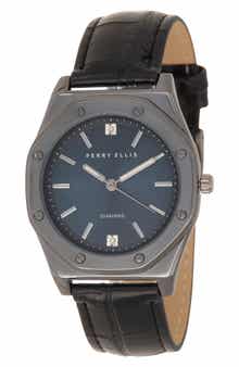Perry Ellis Diamond Ultraslim Faux Leather Strap Watch, 40mm