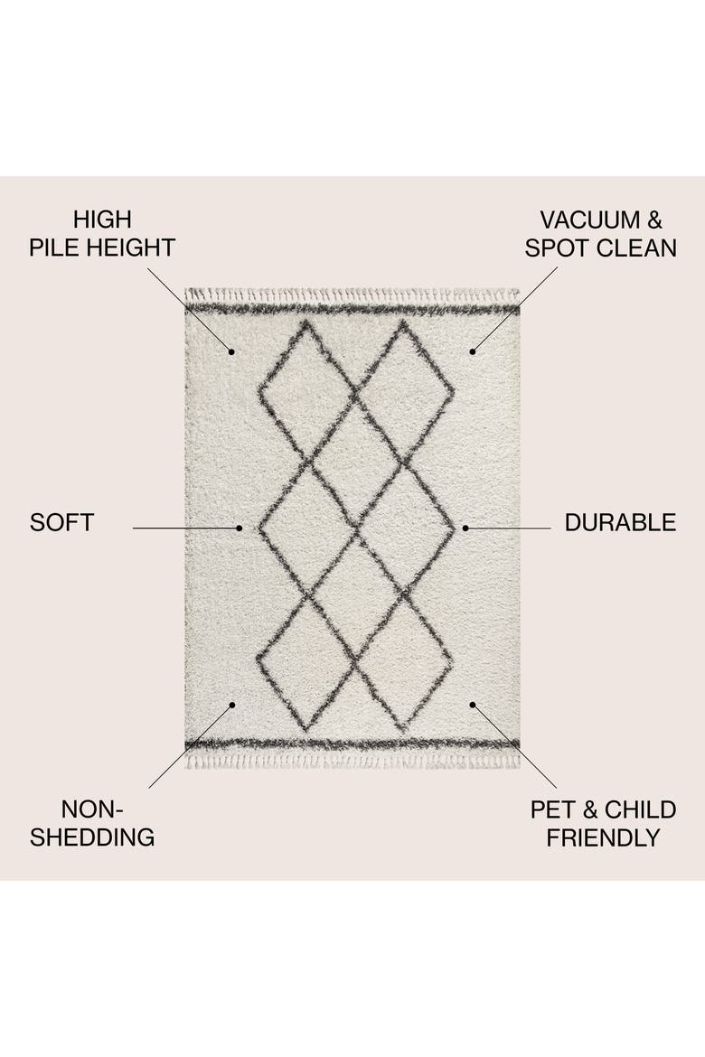 Mercer Shag Plush Tassel Moroccan  Geometric Trellis Denim Area Rug, Alternate, color, Cream/Gray