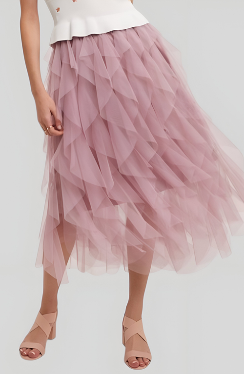 Modenaire Tiered Tulle Midi Skirt With Layered Ruffle Detail And Elastic Waistband In Pink