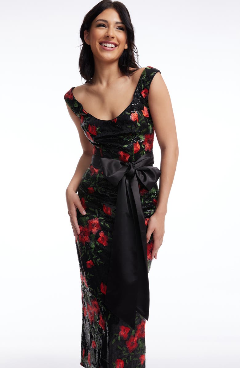 Dress the Population Dottie Floral Jacquard Sequin Midi Cocktail Dress, Alternate, color,