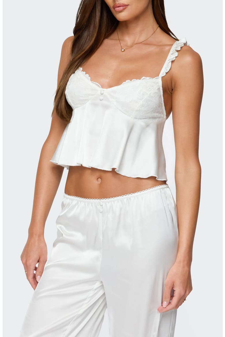 Izabella Ruffle Lace Trim Satin Effect Crop Camisole, Alternate, color, WHITE