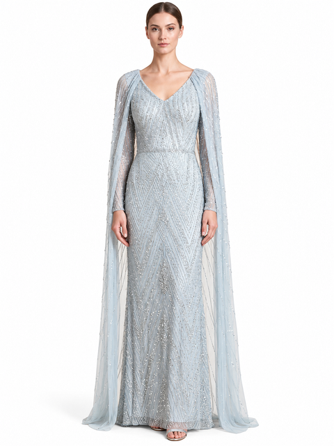 V-Neck Beaded Dress with Long Cape