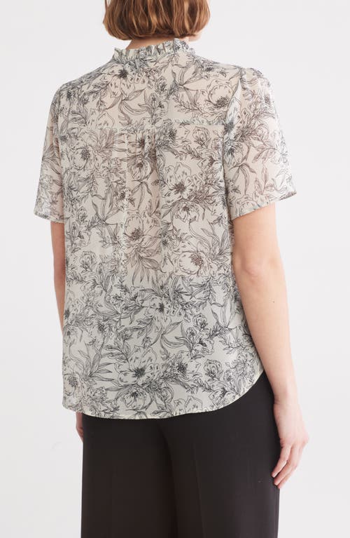 Pleione Ruffle Short Sleeve Button-up Top In Ivory Black Stencil