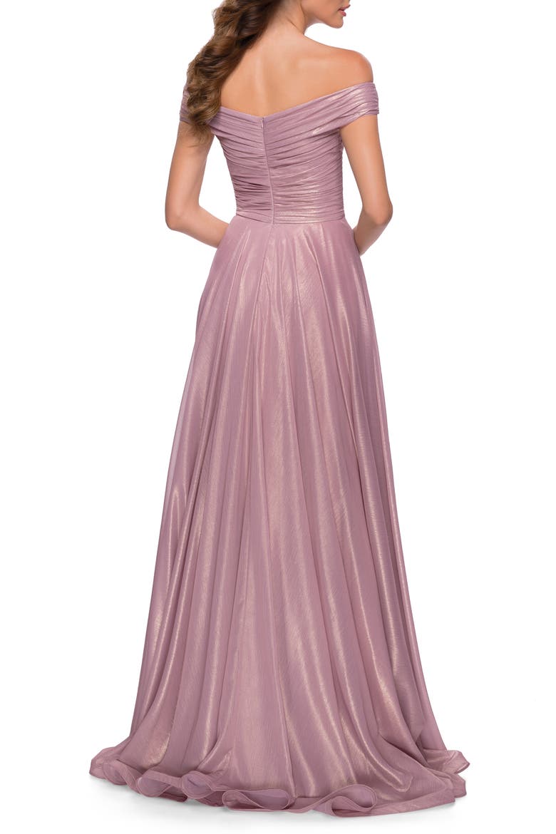 Iridescent Off the Shoulder Chiffon Gown, Alternate, color, PINK METALLIC