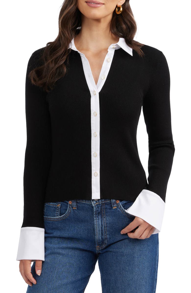 Ellen Tracy Poplin Trim Ribbed Cardigan, Main, color,