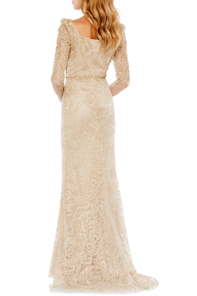 Embroidered Applique Shoulder Detail Trumpet Gown, Alternate, color, LIGHT GOLD