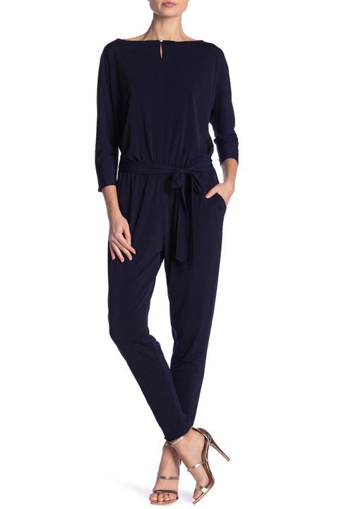 Three-Quarter Length Sleeve Waist Tie Jumpsuit