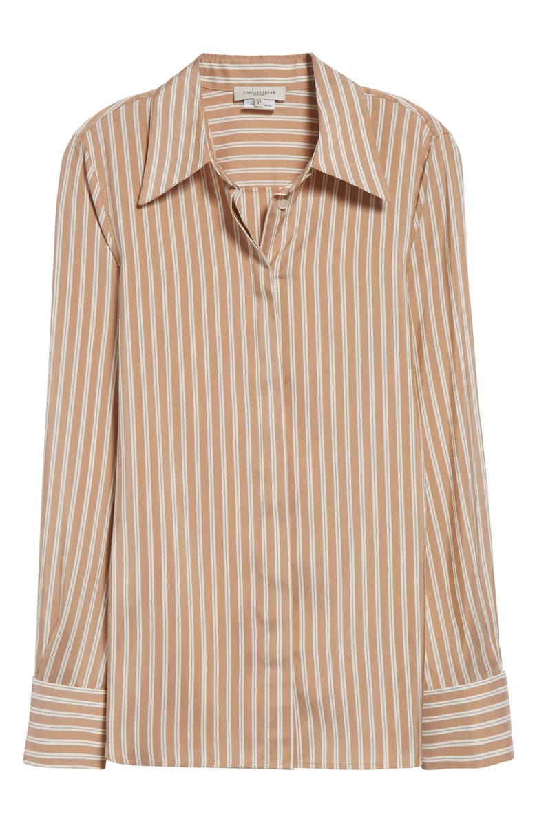 Lafayette 148 New York Stripe French Cuff Silk Button-Up Shirt, Alternate, color, Camel Multi