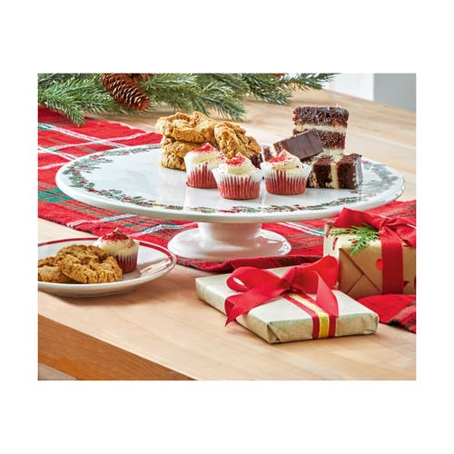 Tag Farmhouse Christmas White With Red Holly Stoneware Pedestal Cake Plate 14.0" In White