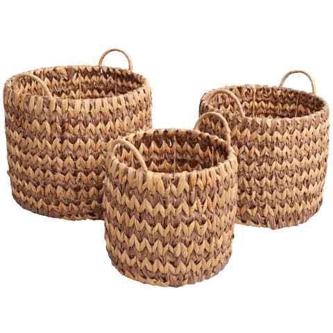 Cassia Coastal Farmhouse Handwoven Two-Tone Water Hyacinth Nesting Storage Baskets with Handles (Set of 3)