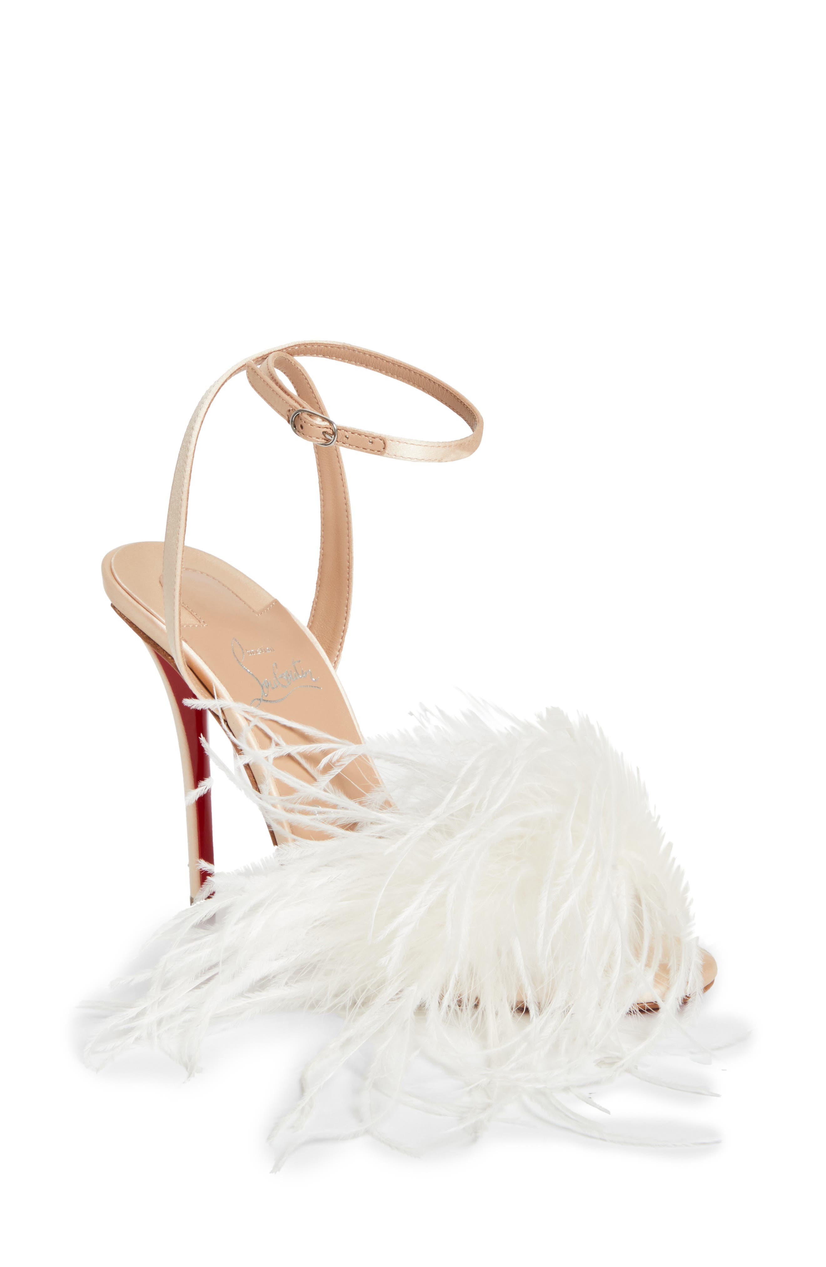 Christian Louboutin Miss Z Loubipoupi Feather Embellished Ankle Strap Sandal, Main, color, Blush/ Ivory