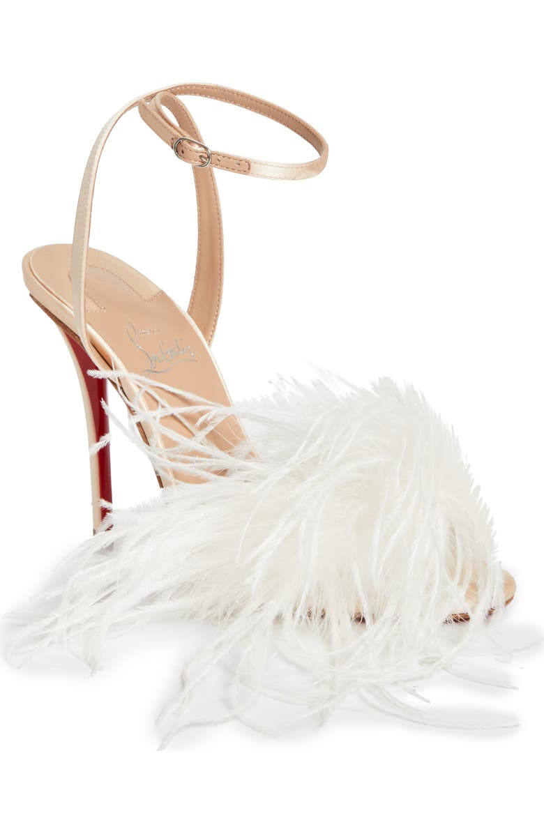 Christian Louboutin Miss Z Loubipoupi Feather Embellished Ankle Strap Sandal, Main, color, Blush/ Ivory