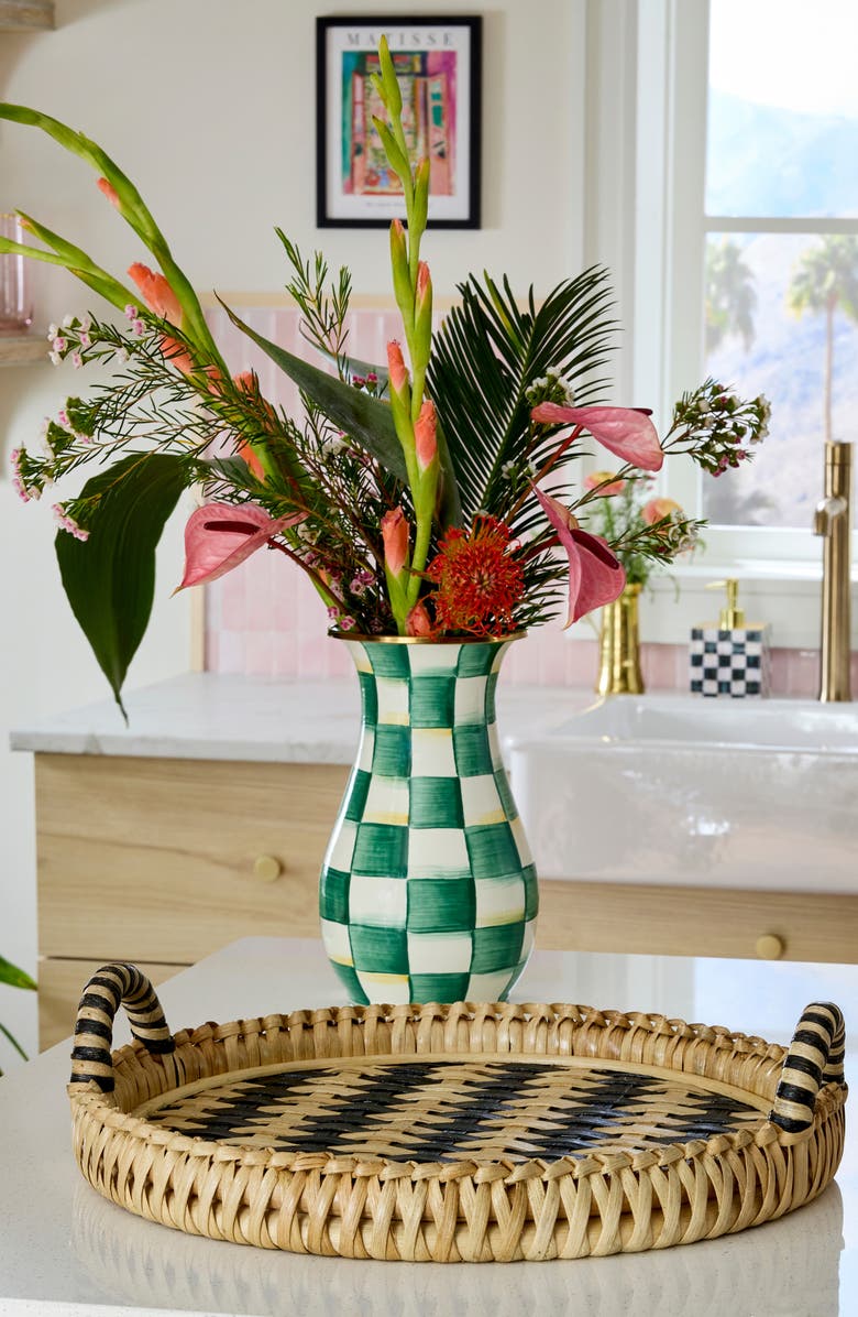 MACKENZIE CHILDS Emerald Check Enameled Steel Tall Vase, Alternate, color, Emerald