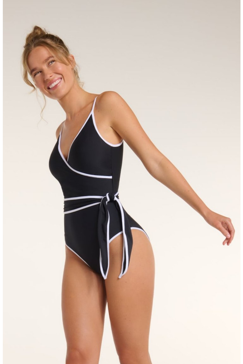 Amelia V-Neck Wrap One-Piece Swimsuit, Alternate, color, Black/White