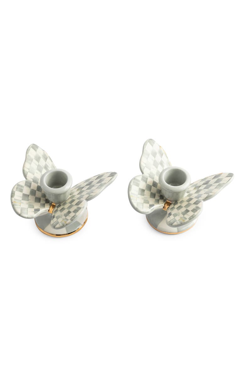 MACKENZIE CHILDS Sterling Check Set of 2 Butterfly Candle Holders, Main, color,
