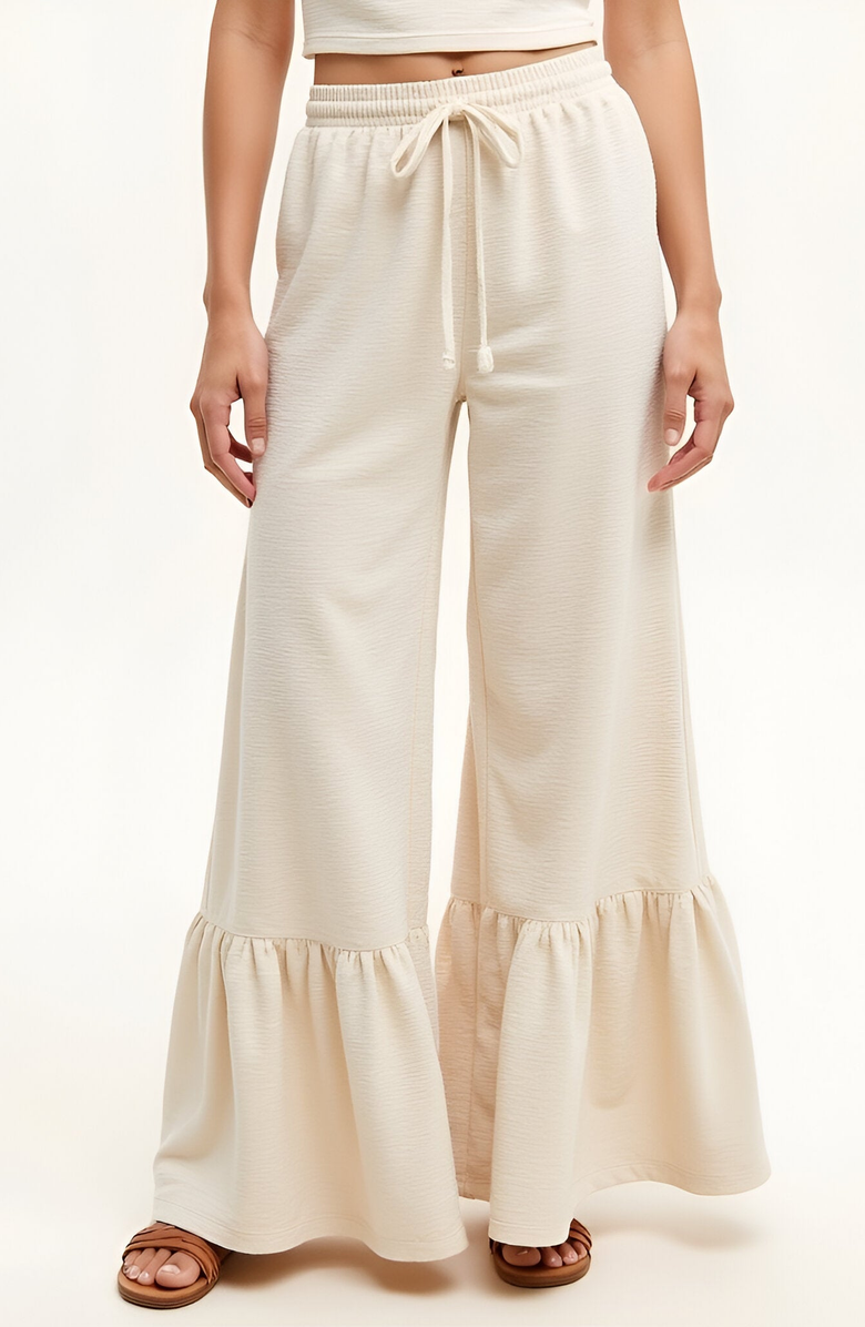 Modenaire Sleeveless Mock Neck Crop Top and Tiered Wide-Leg Pants Set, Alternate, color, Ivory
