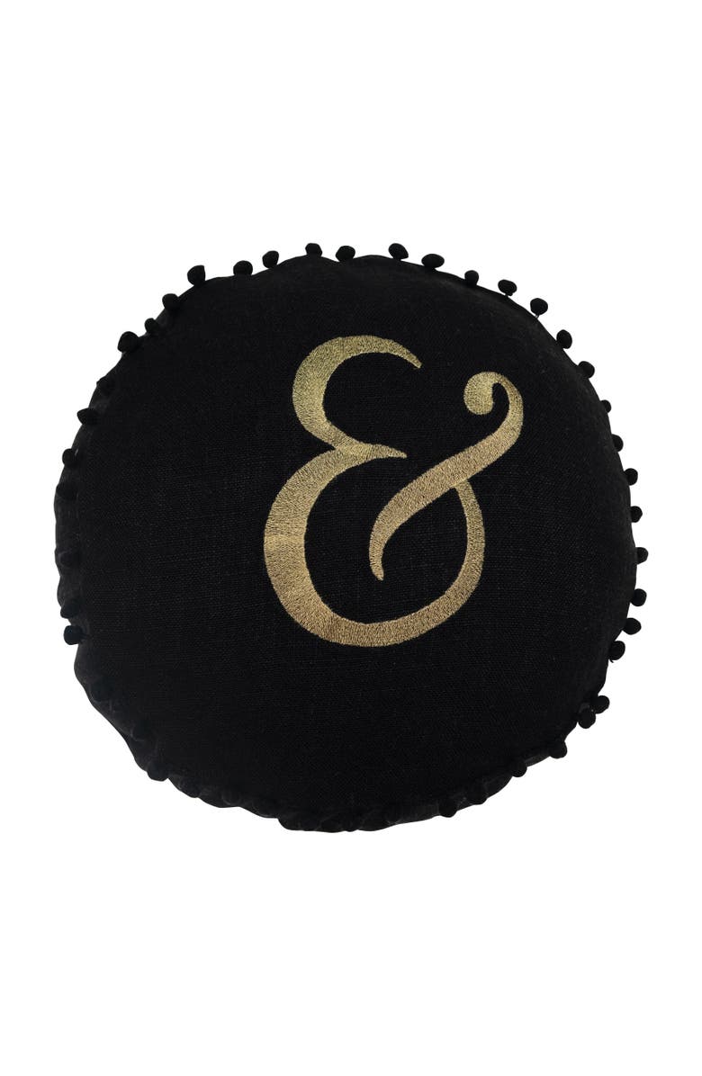 Storied Home 16" Round Embroidered Pillow with Pom Pom Trim "&" Design in Gold Script, Main, color, Black