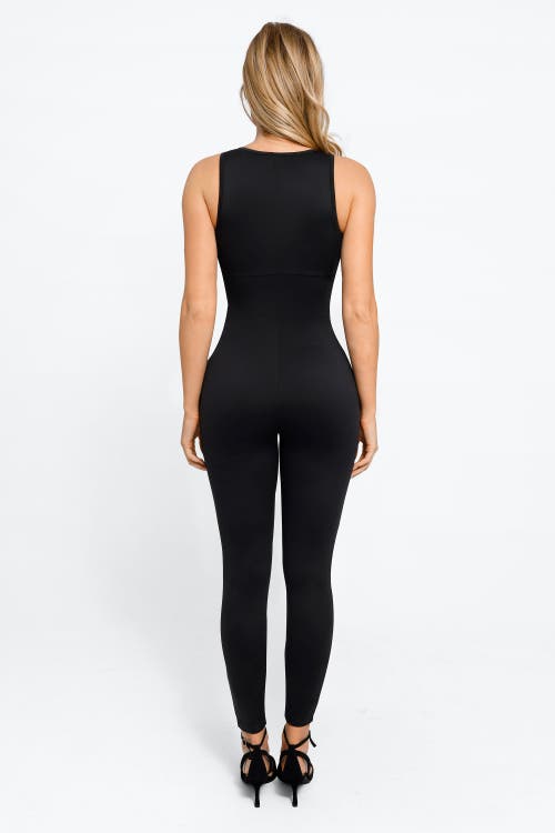 Popilush Shapewear Sleeveless Body-sculpting Zip Front Jumpsuit In Jet Black