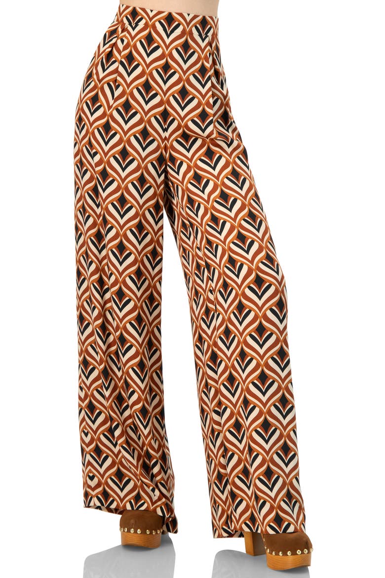 Geometric Wide Leg Printed Pants with Side Zipper, Alternate, color, Multi-Brown
