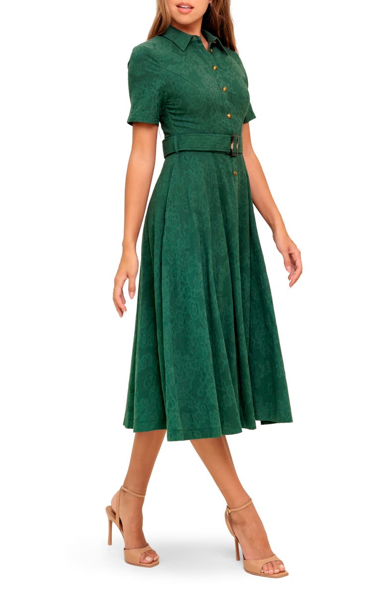 Floral Jacquard Short Sleeve Cotton Midi Shirtdress